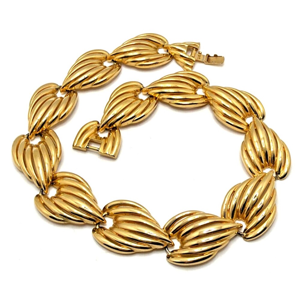 Vintage Gold Tone Ribbed Link Collar Necklace Chunky 1980s Statement 18.5"